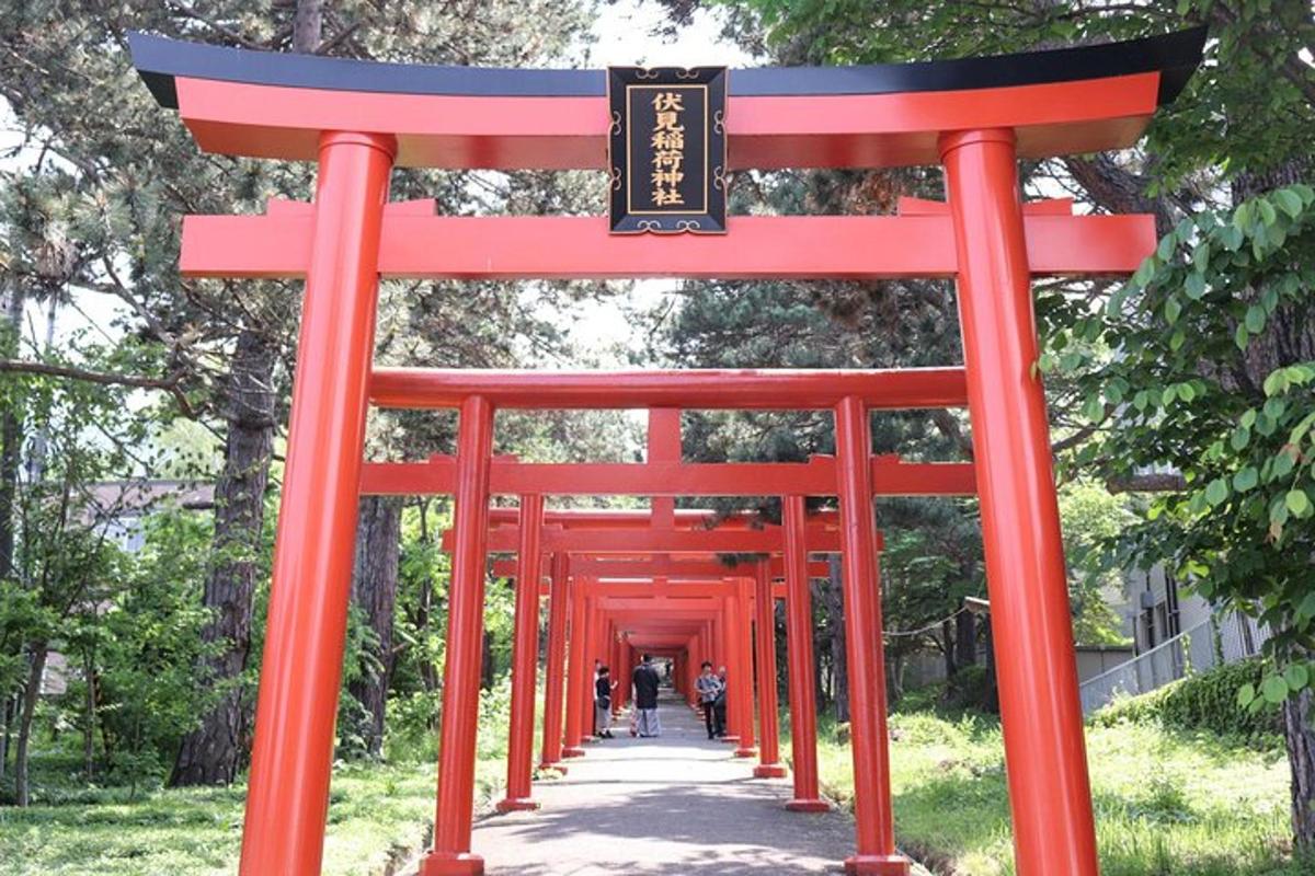 Červená brána torii v parku s procházejícími se lidmi