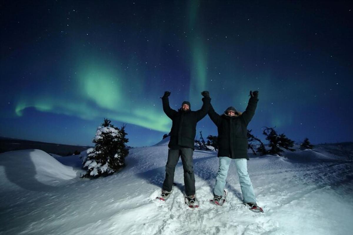 duas pessoas em pé na neve sob a aurora boreal