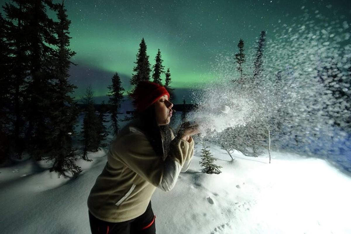 a woman is taking a picture of the northern lights