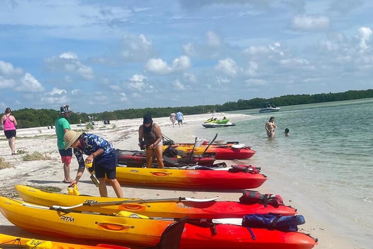 một nhóm người trên bãi biển với thuyền kayak