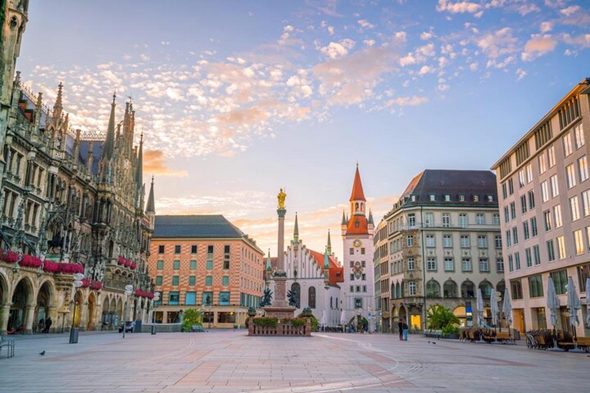 a city street with buildings and a clock tower
