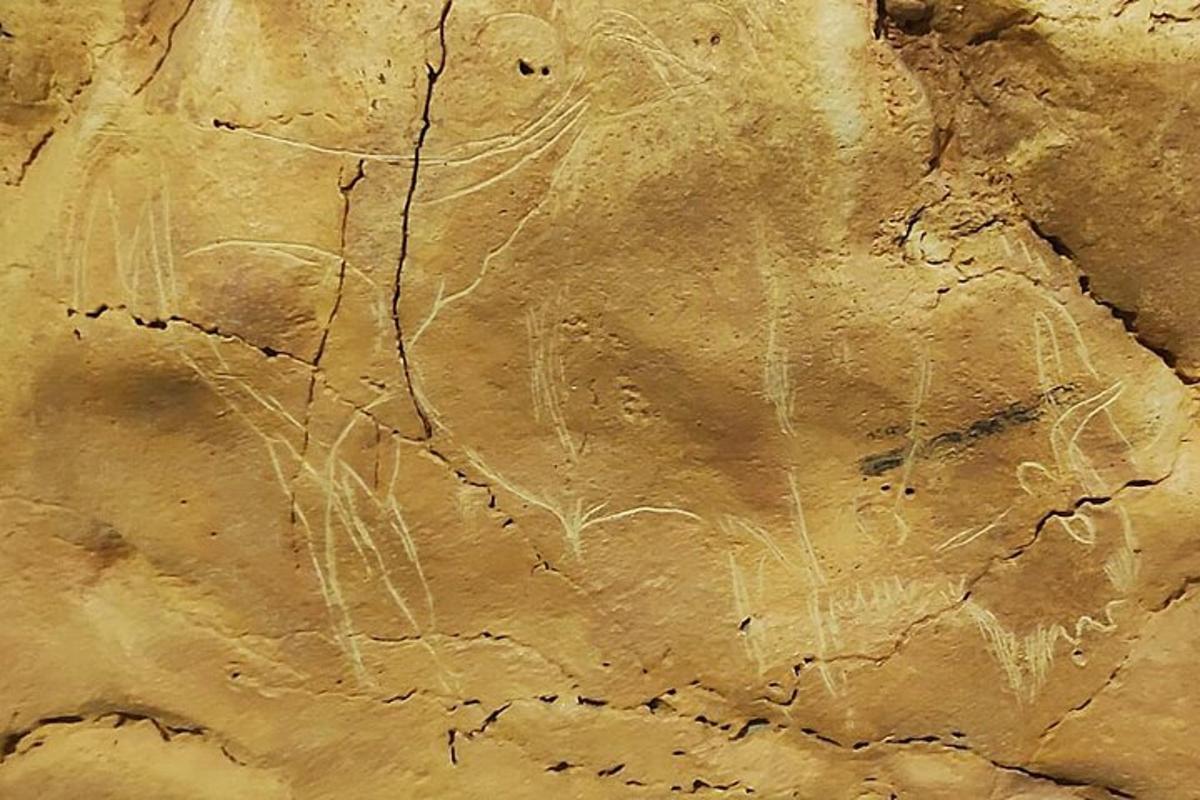 a painting of a horse on a rock wall