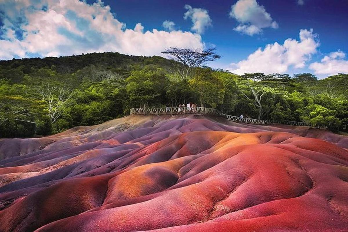 pemandangan bukit yang berwarna-warni dengan pokok-pokok dan gunung
