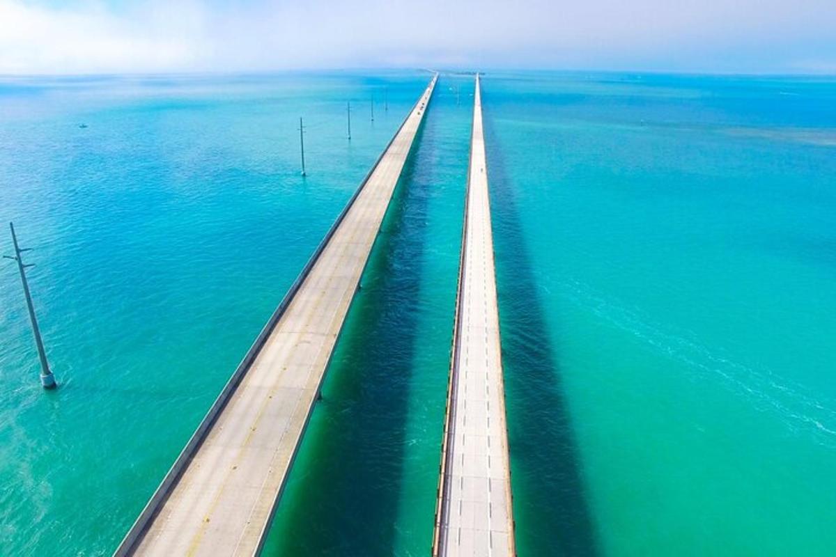 an aerial view of a bridge in the water