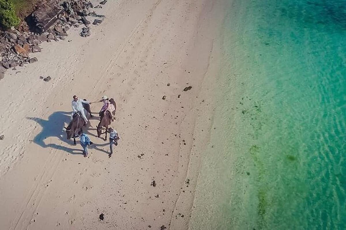 dues persones muntant a cavall a la platja a prop de l'aigua