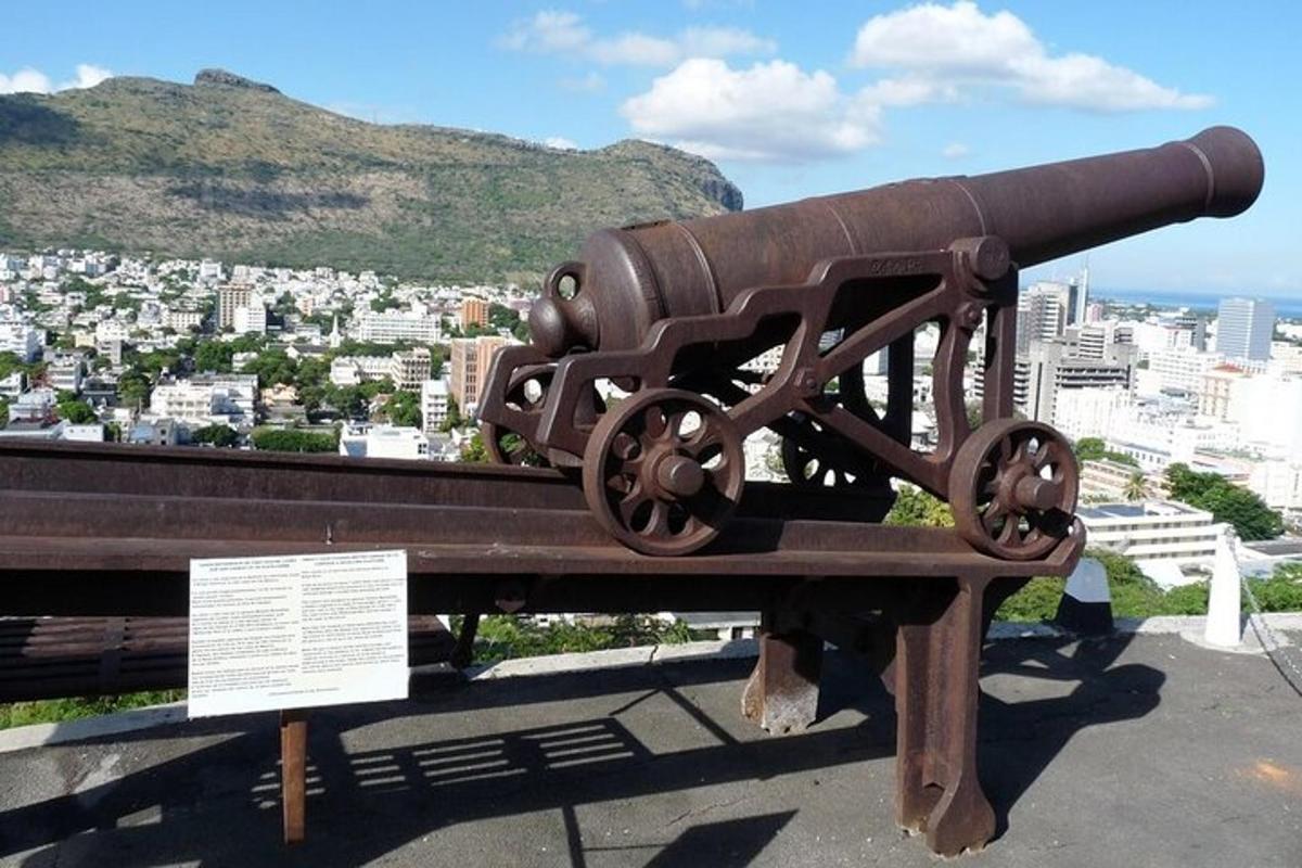 un cannone in cima a un edificio con una città