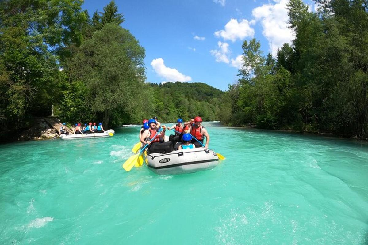 a group of people in a raft on a river