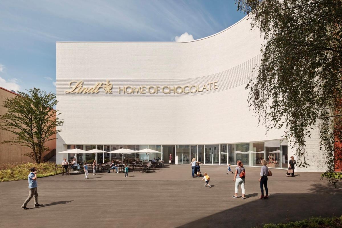 a rendering of a building with people outside of it
