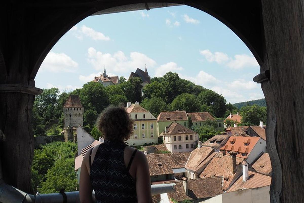 a woman looking out of a window at a city