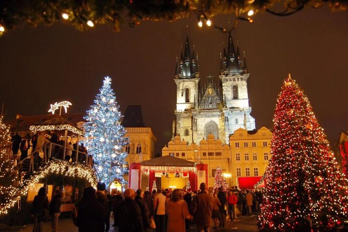 un grup d'arbres de Nadal davant d'un edifici