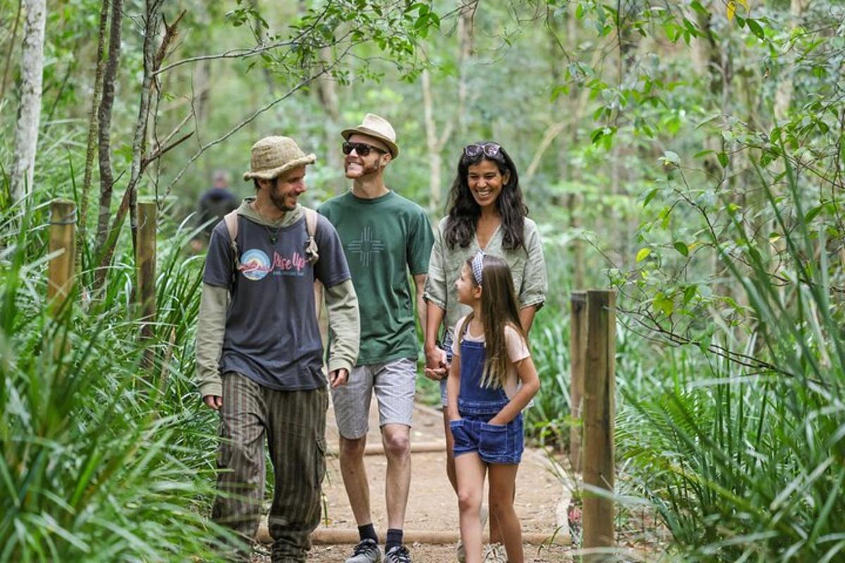 a family walking on a trail in the woods