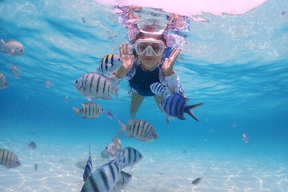 a young girl swimming in the water with fish
