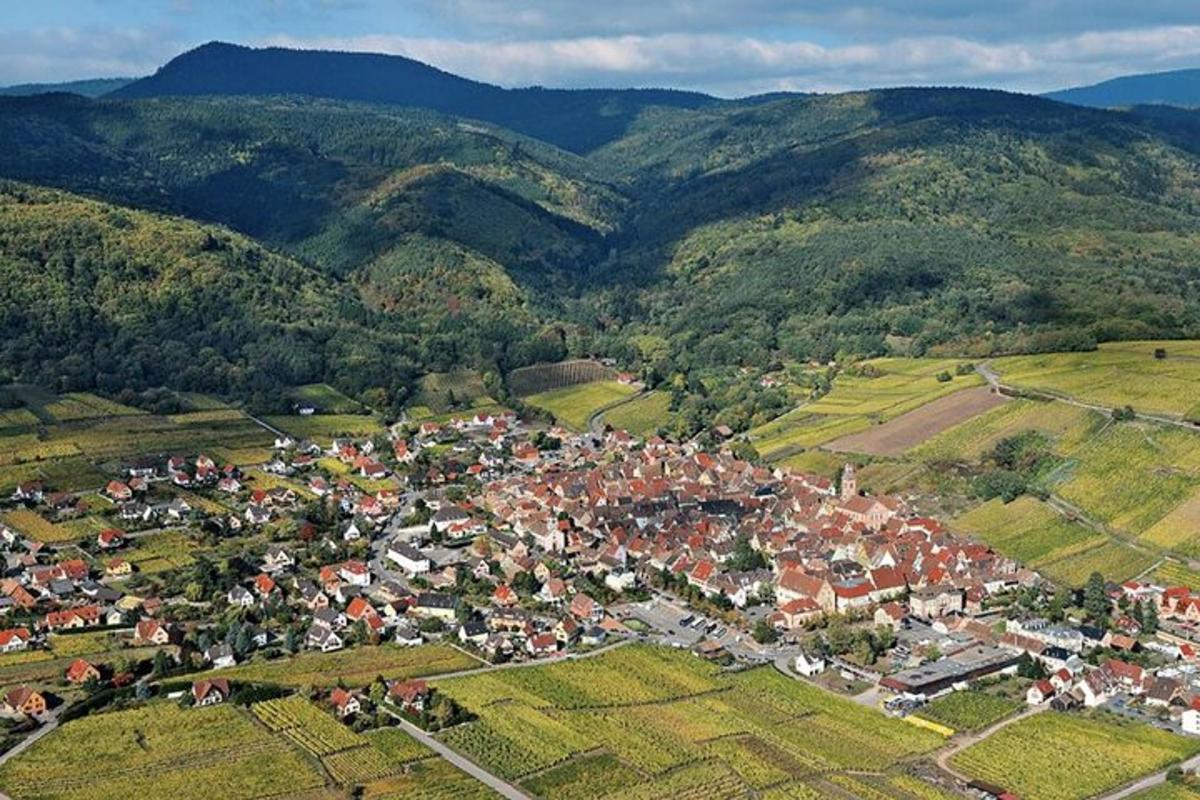 an aerial view of a town in the mountains