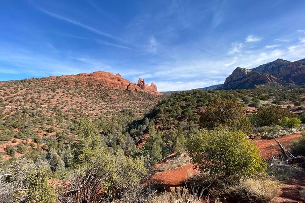 una vista di una montagna con rocce rosse e alberi