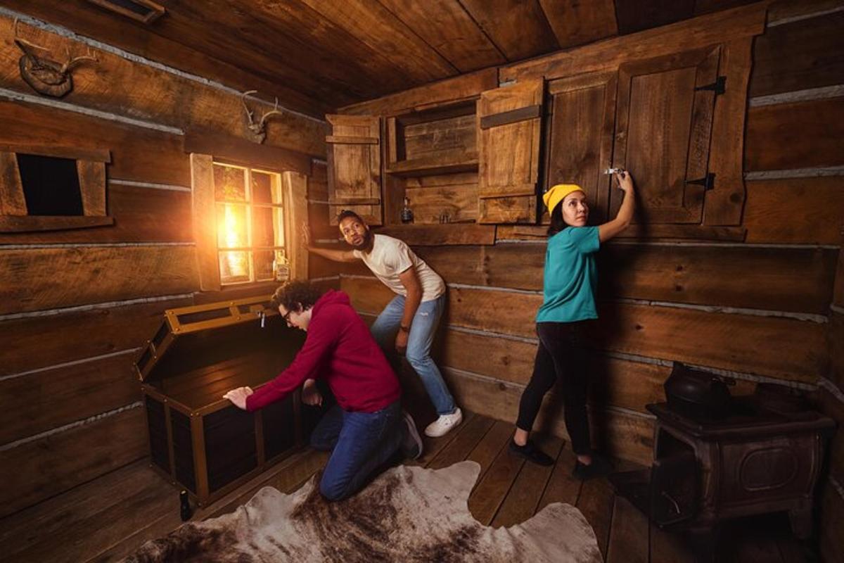 a group of people in a room in a cabin
