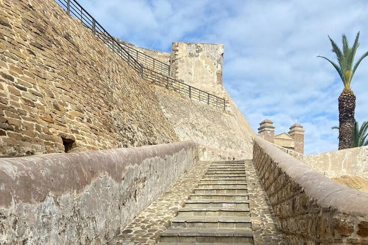 eine Treppe, die zu einer Ziegelmauer mit einer Palme führt