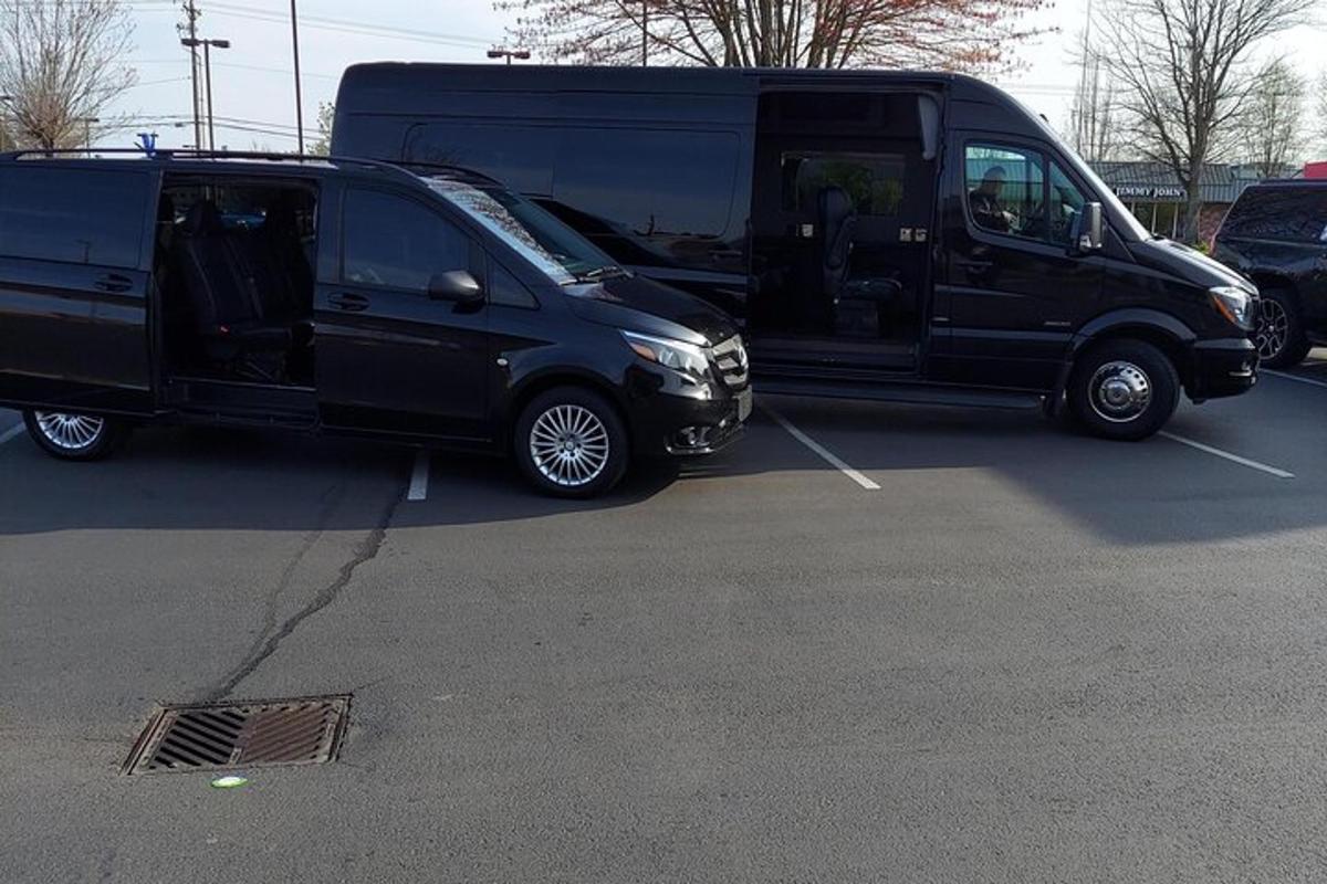 two black vans parked next to each other in a parking lot