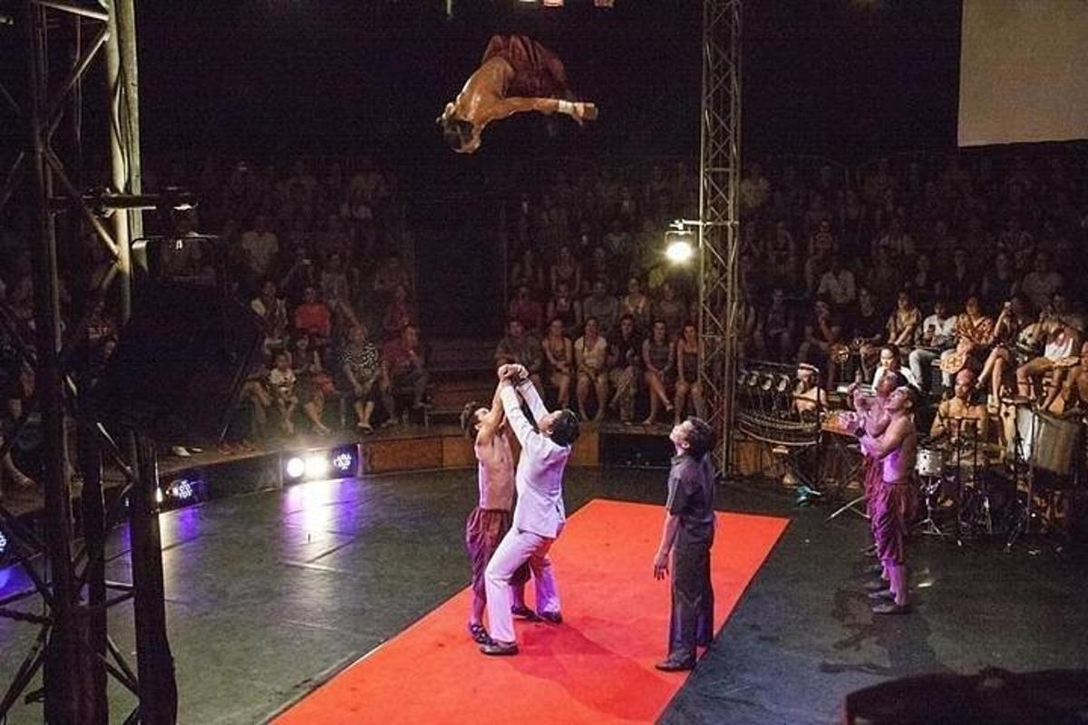 žmonių grupė cirko scenoje su šokinėjančiu asmeniu