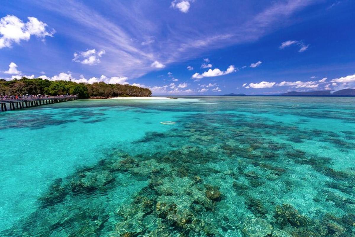 a view of a beach with blue water