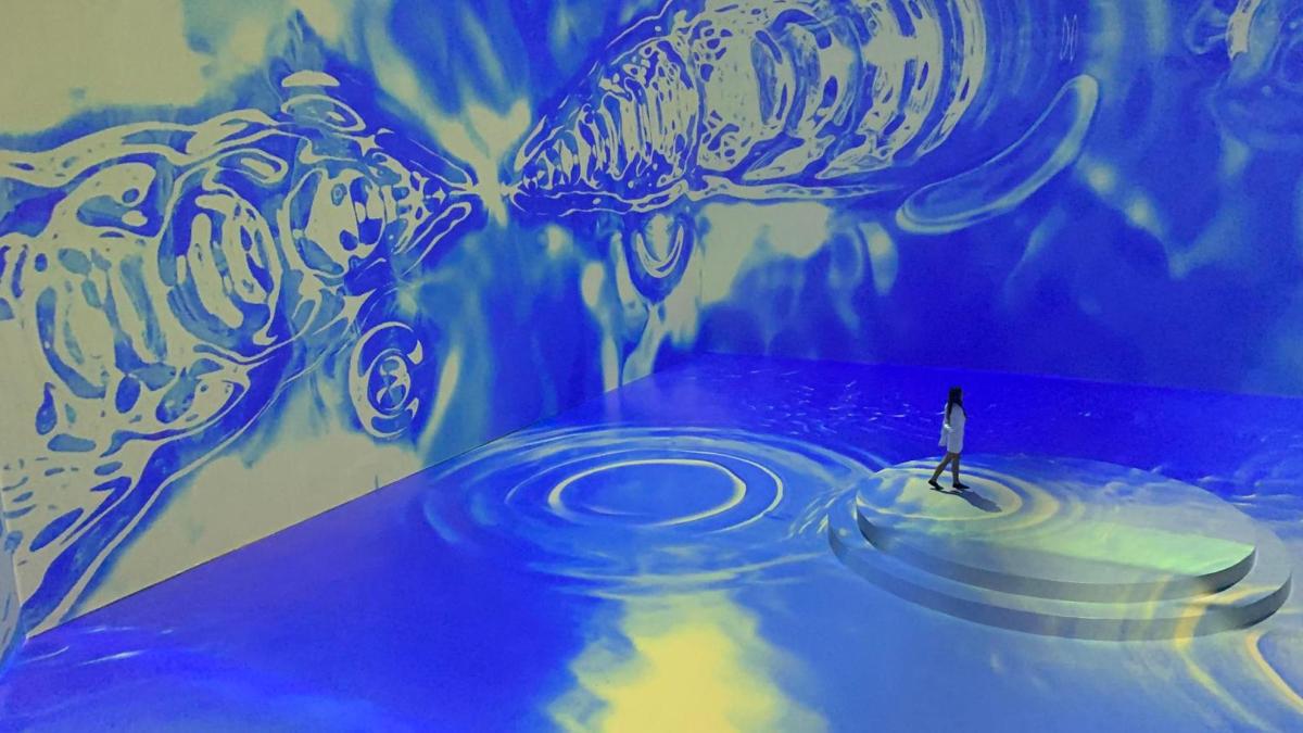 Una persona parada frente a un cuadro de dos medusas.