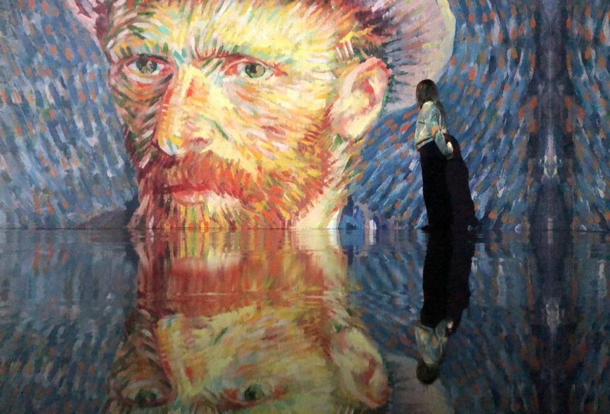a painting of a man with a reflection in the water