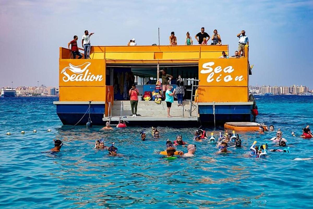 a group of people in the water on a ferry