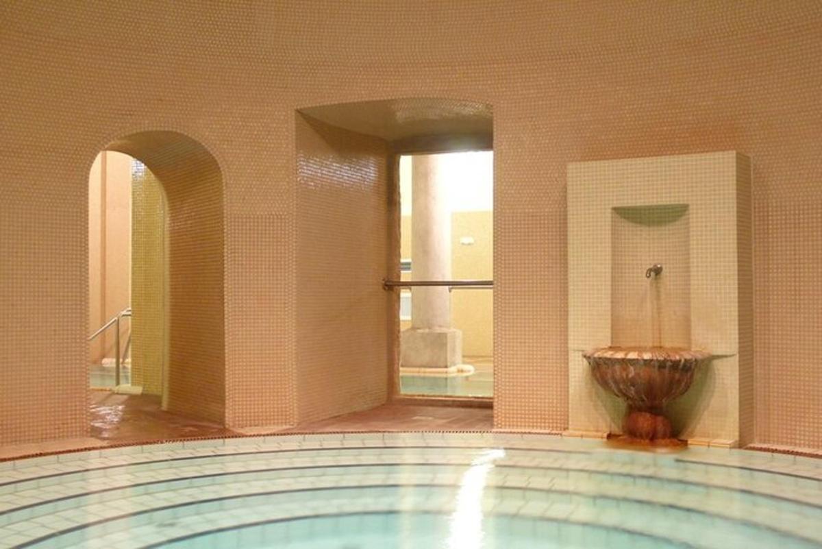 a large swimming pool in a bathroom with a tub
