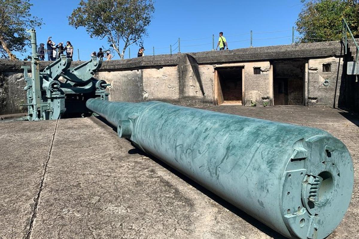 Un gran cañón verde frente a un edificio