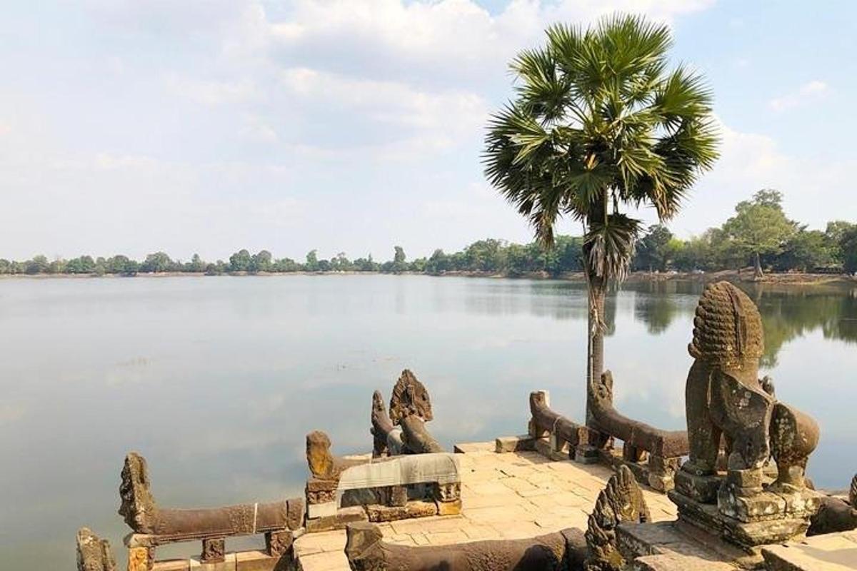 una statua accanto a un lago con una palma