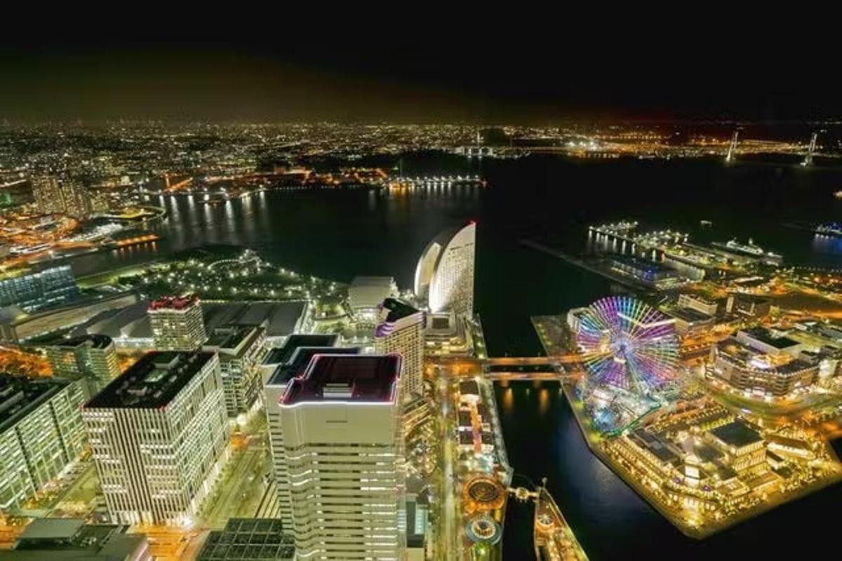 a view of a city at night with a ferris wheel