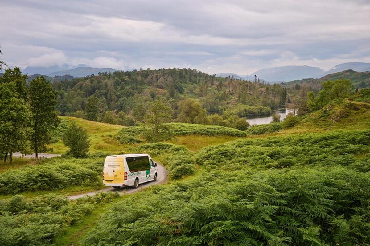 a yellow van driving down a road on a hill
