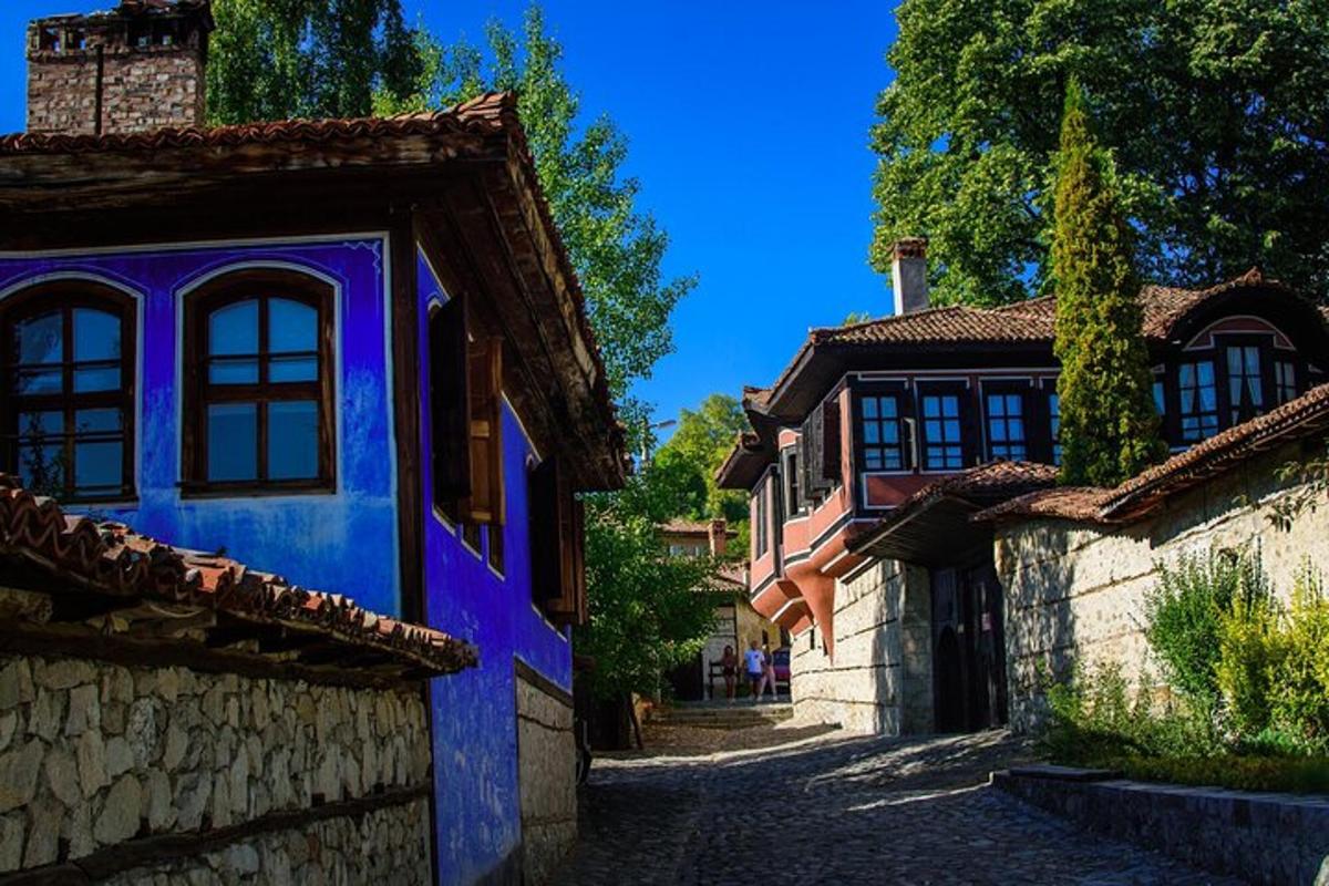 ulička ve vesnici s modrou budovou