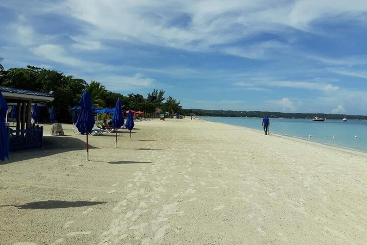uma praia com cadeiras e guarda-sóis e a água