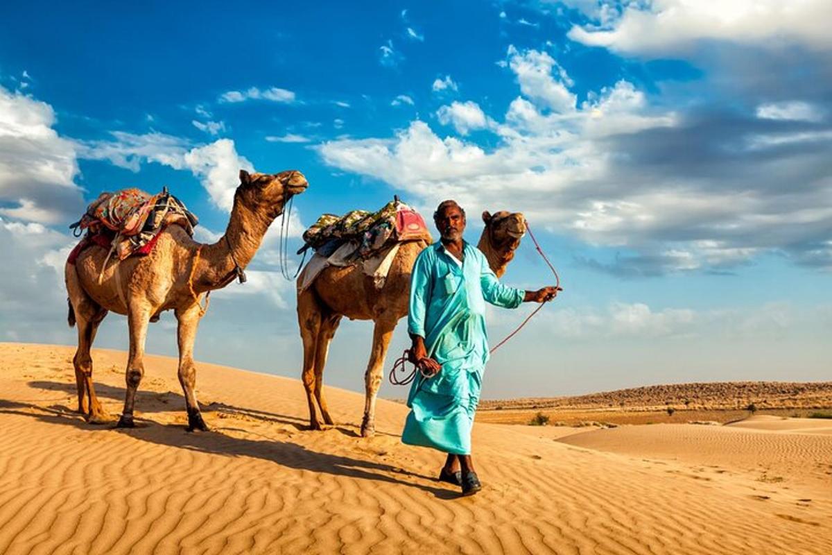 un hombre caminando por el desierto con dos camellos