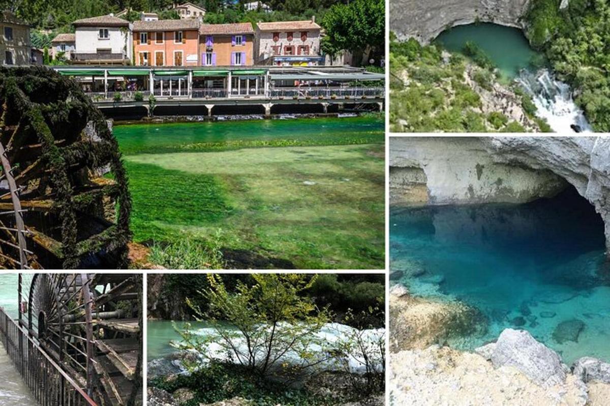 Un collage de cuatro imágenes de un río y edificios.