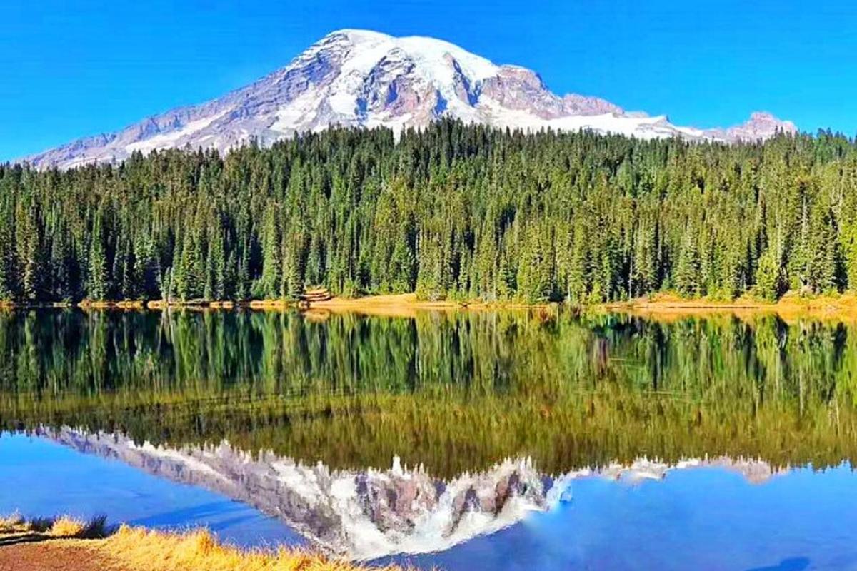 un munte reflectat într-un lac cu copaci și reflexia sa