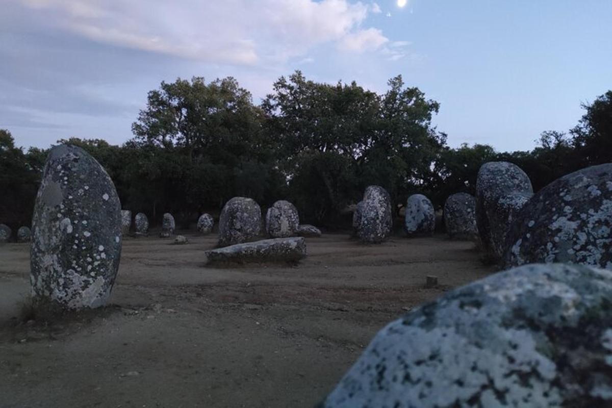 a bunch of stone statues in a field