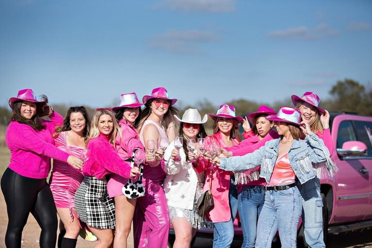 a group of women dressed in pink posing for a picture