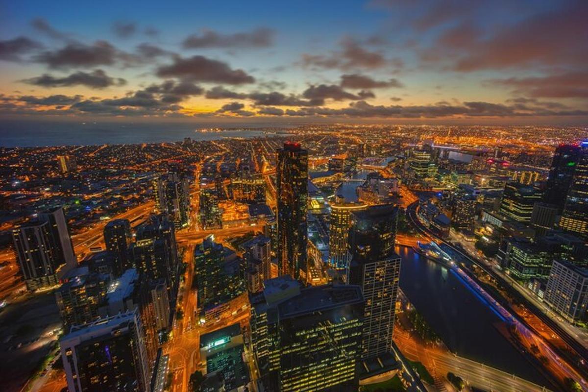 an aerial view of a city at night