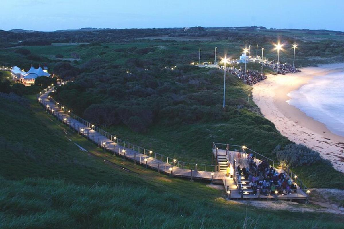 a group of people standing on a beach at night