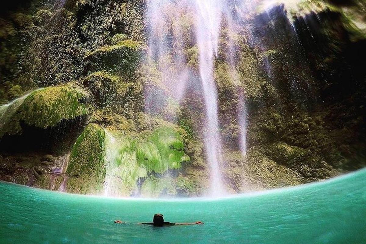 una persona nedant a l'aigua davant d'una cascada