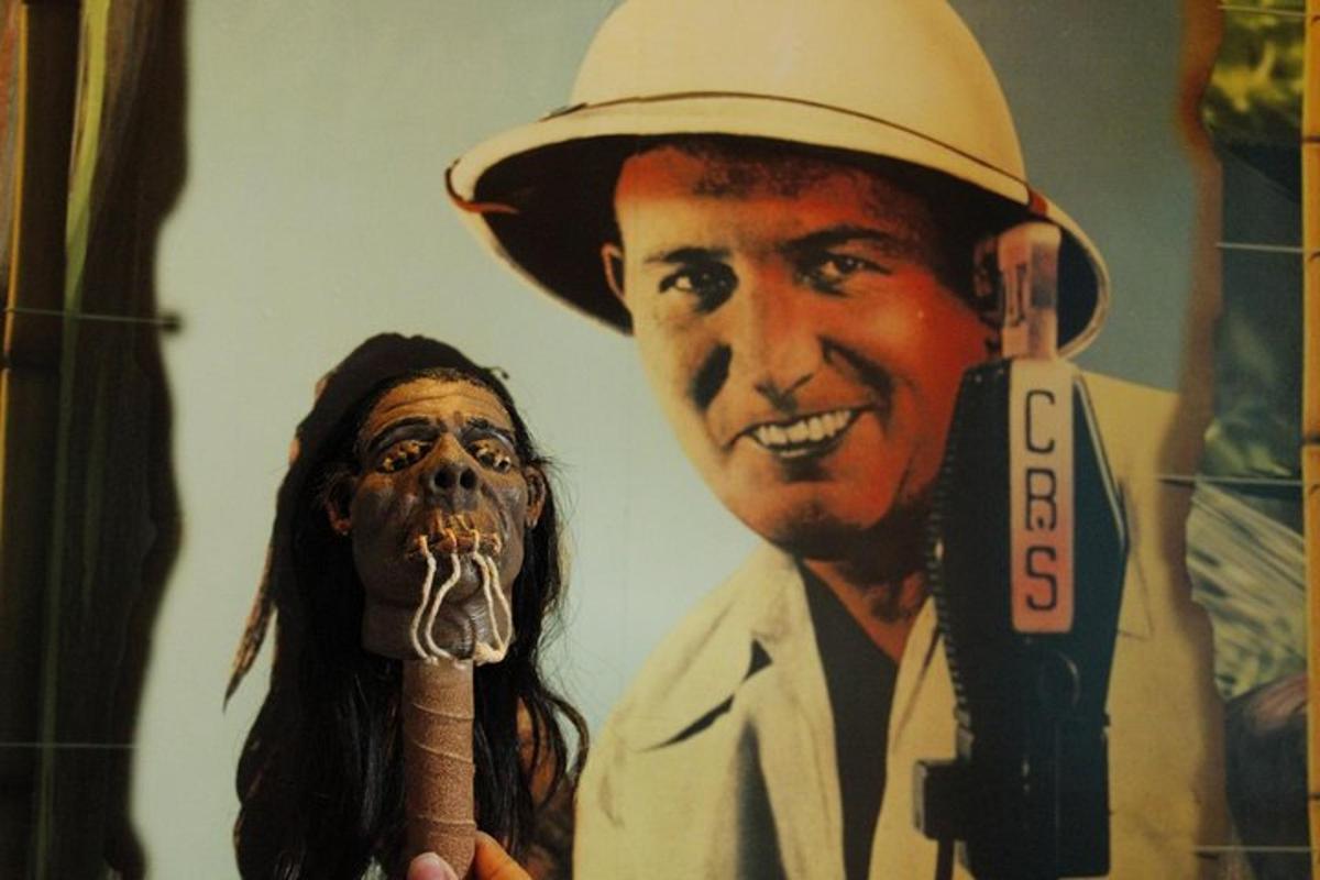 a poster of a man with a dog holding a toothbrush