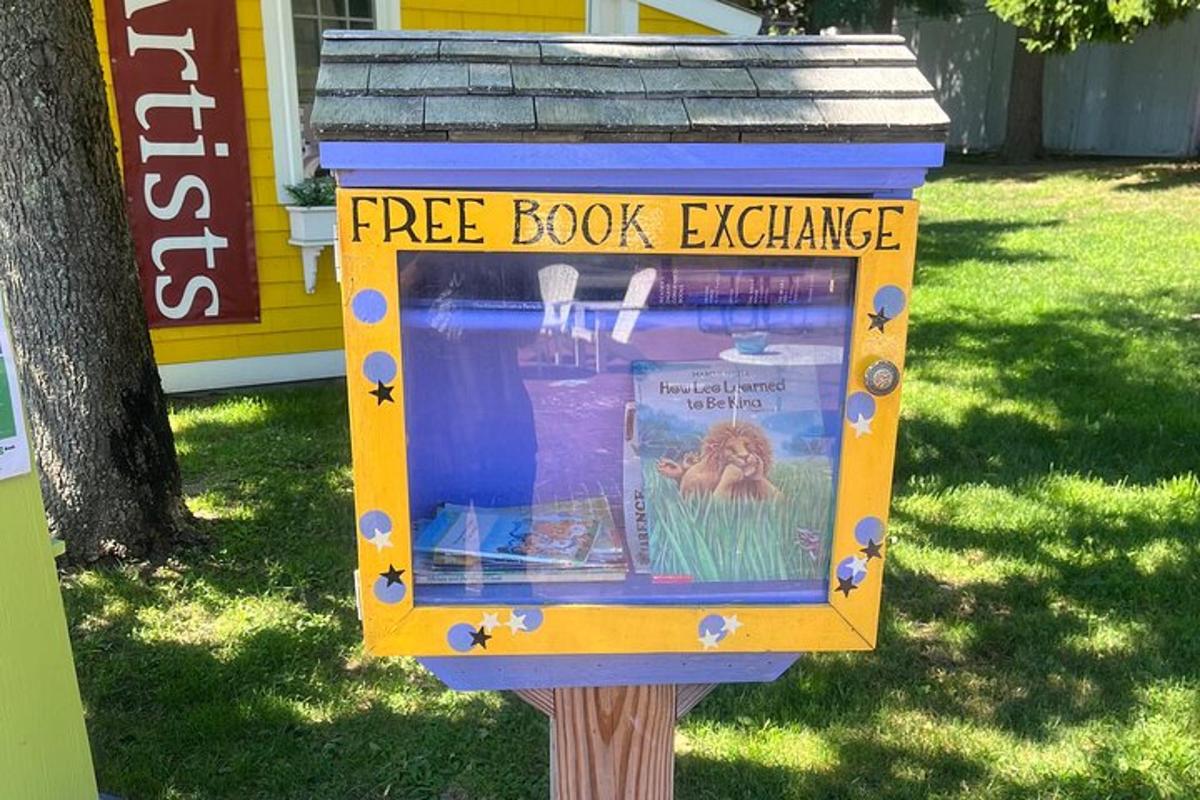 a fire book exchange on a pole in the grass