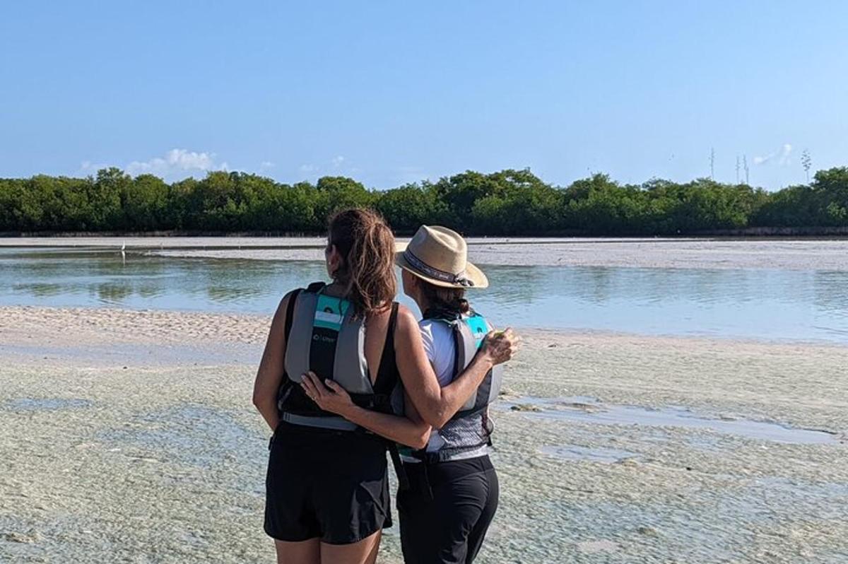 dve osebi stojita na plaži blizu vodne površine