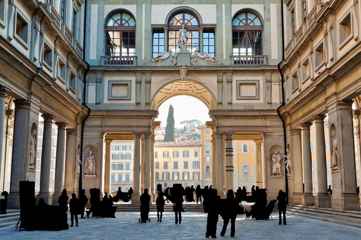 a group of people walking around a building