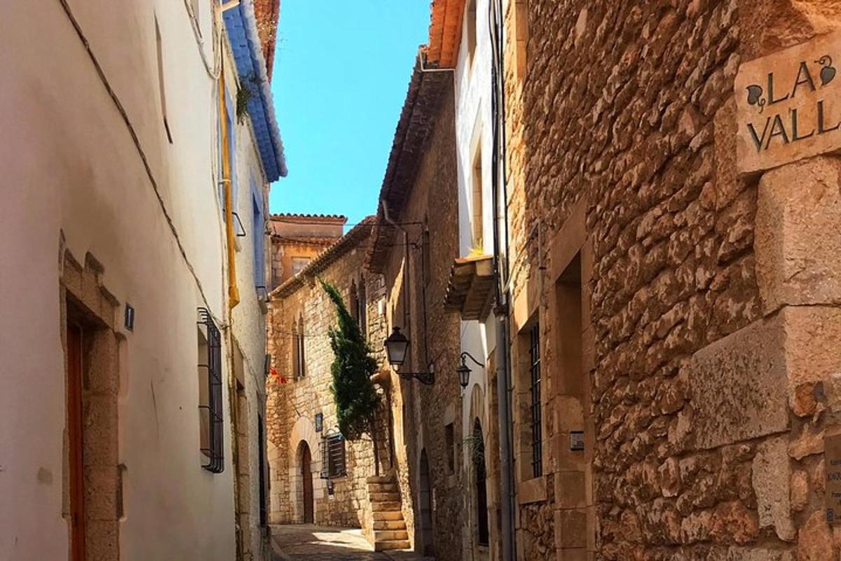 Un callejón en un pueblo antiguo con edificios de piedra.