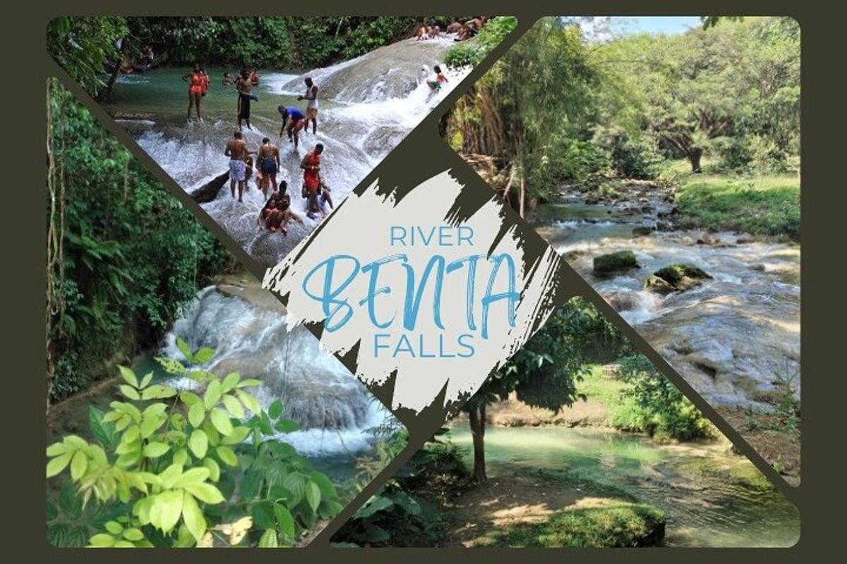Un collage de fotos de un río con gente en el agua.