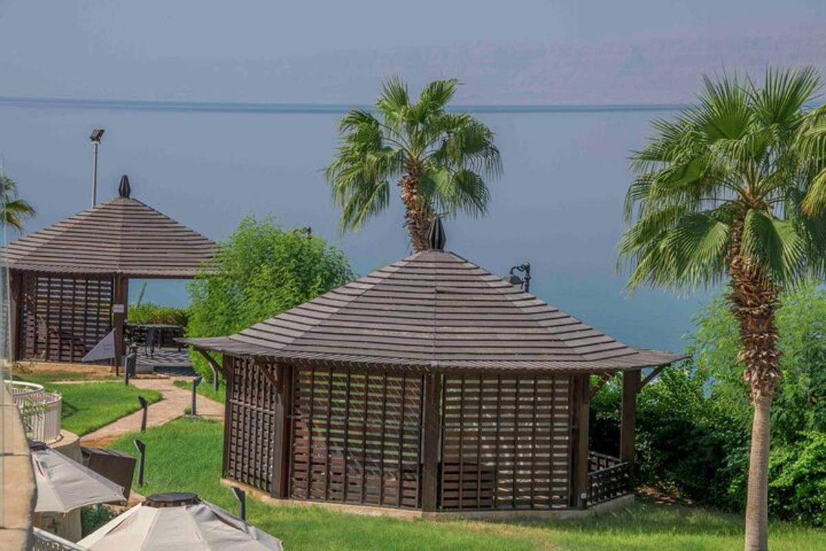 a gazebo with a palm tree on top of it