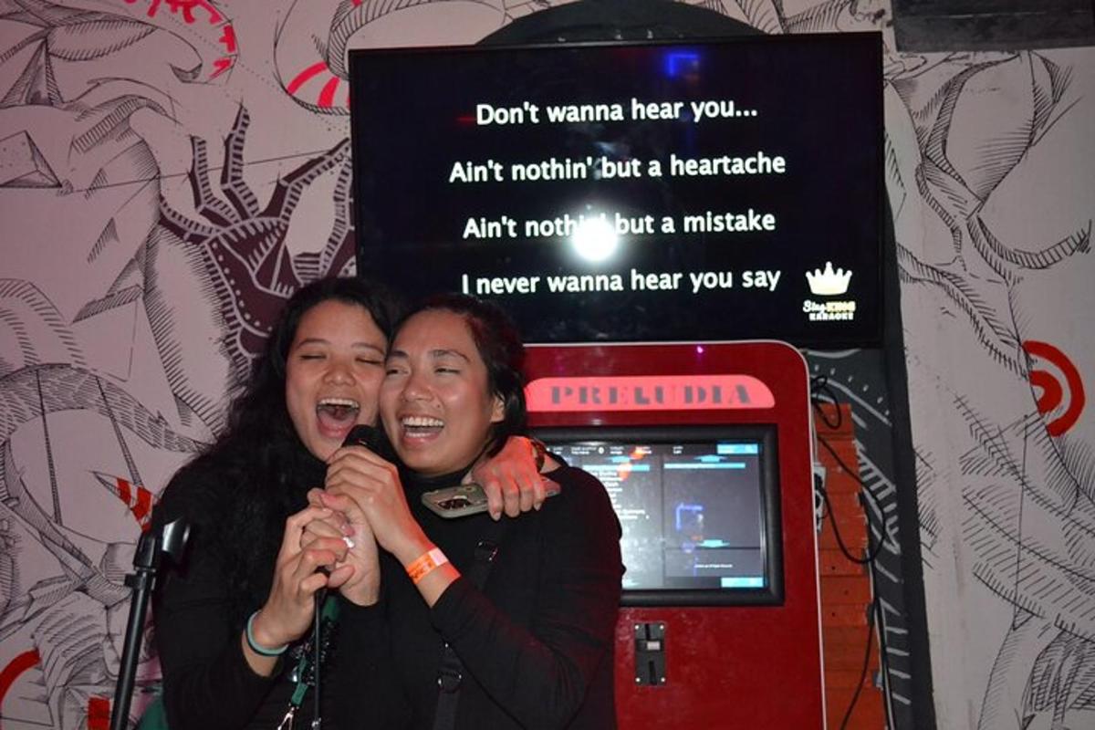 due donne cantano nei microfoni davanti a un videogioco