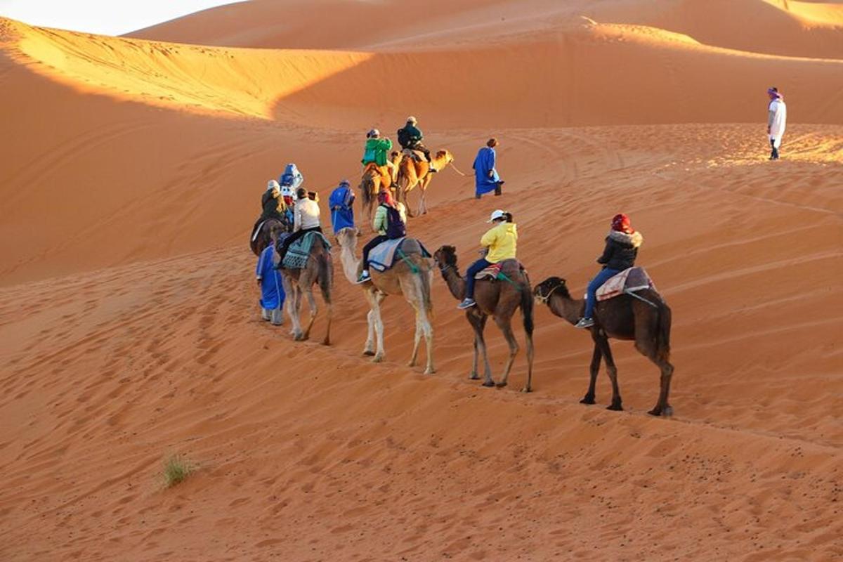 un gruppo di persone a cavallo di cammelli nel deserto
